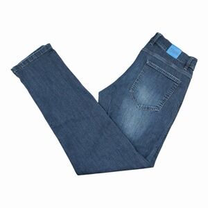 Mugsy Fultons Jeans Mens 34x32 Blue Classic Straight Fit Stretch Dark Wash Faded